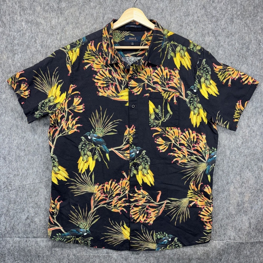 ROARK Linen Blend Aloha Shirt Men's XL Short Sleeve Floral Hawaiian Birds